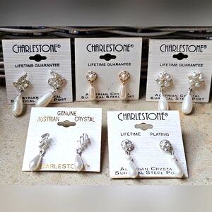 Charlestone Pierced Earrings pearl Austrian crystal vintage 80s lot of 5 LOT#202